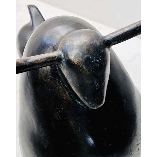 322 - CONTEMPORARY SCHOOL BULL SCULPTURE, in bronze, 55cm H x 62cm W x 30cm D.