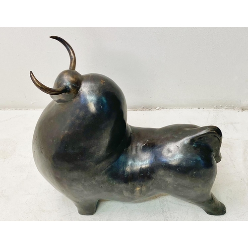 322 - CONTEMPORARY SCHOOL BULL SCULPTURE, in bronze, 55cm H x 62cm W x 30cm D.