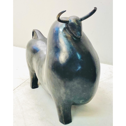 322 - CONTEMPORARY SCHOOL BULL SCULPTURE, in bronze, 55cm H x 62cm W x 30cm D.