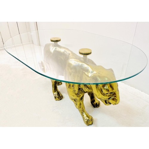 323 - COFFEE TABLE, gilt metal panther base with oval glass top, 45cm D x 96cm W x 66cm D.