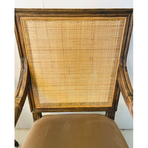 318 - FAUTEUILS, a pair, French oak with rattan backs and brown upholstery, 102cm H x 50cm W x 57cm D. (2)