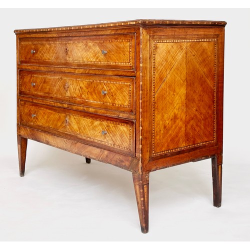 177 - LOMBARDY COMMODE, 18th century Italian figured walnut and chequer and banded with three long drawers... 