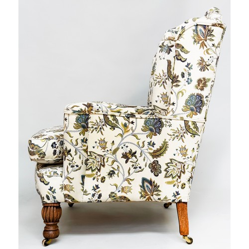 178 - WING ARMCHAIR, early 20th century with foliate tapestry style and reeded and turned oak front suppor... 