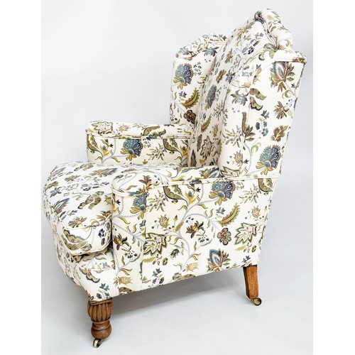 178 - WING ARMCHAIR, early 20th century with foliate tapestry style and reeded and turned oak front suppor... 