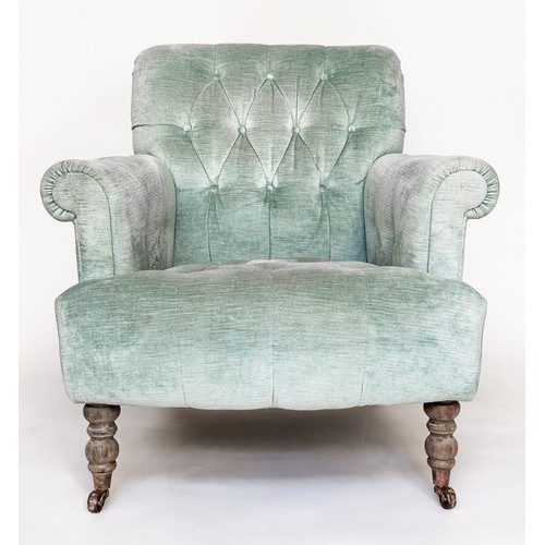 296 - HOWARD STYLE ARMCHAIRS, a pair, with duck egg blue velvet buttoned upholstery, with scroll arms and ... 