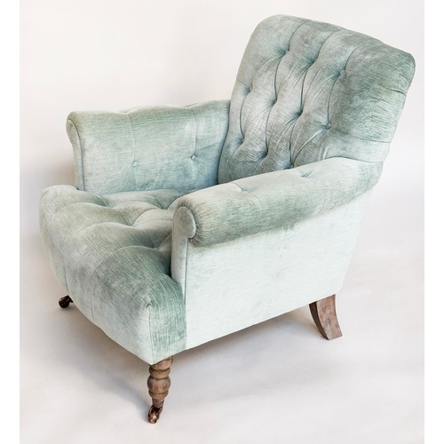 296 - HOWARD STYLE ARMCHAIRS, a pair, with duck egg blue velvet buttoned upholstery, with scroll arms and ... 