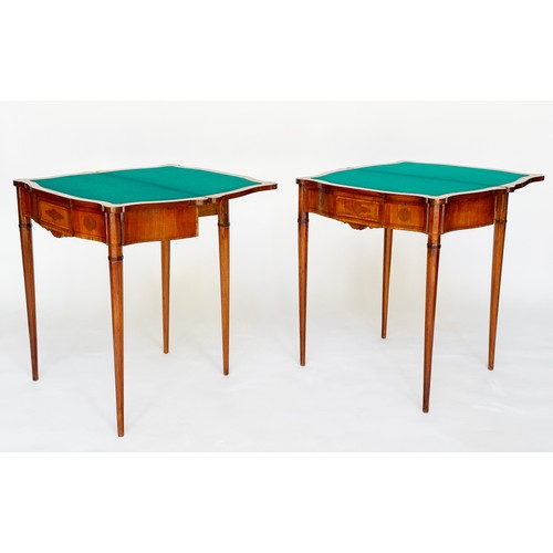 299 - CARD TABLES, a pair, late 19th century Kingwood crossbanded and marquetry inlaid each serpentine wit... 