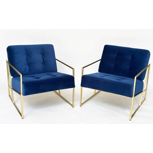 526 - ARMCHAIRS, a pair, contemporary gilt metal framed with royal blue velvet upholstery, 70cm W. (2)