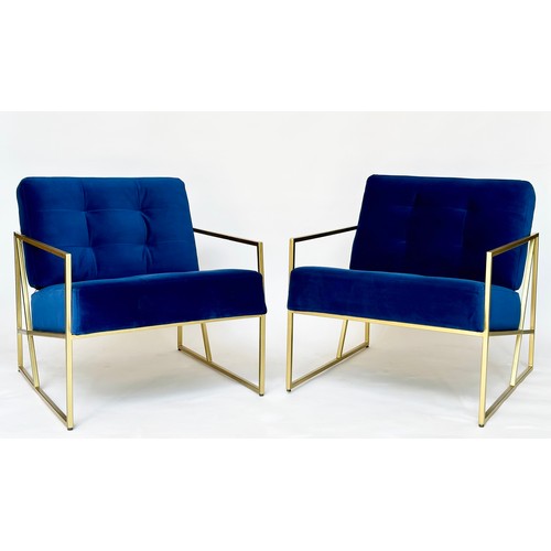 526 - ARMCHAIRS, a pair, contemporary gilt metal framed with royal blue velvet upholstery, 70cm W. (2)