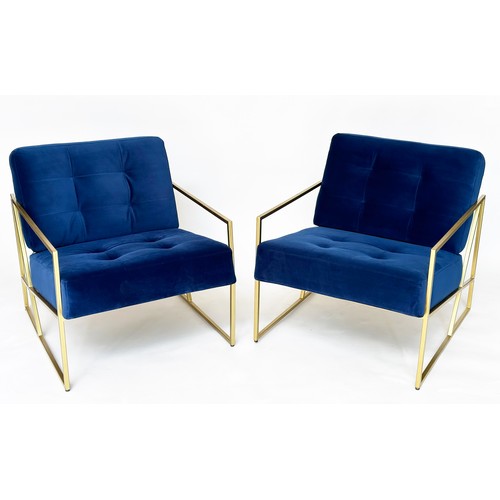 526 - ARMCHAIRS, a pair, contemporary gilt metal framed with royal blue velvet upholstery, 70cm W. (2)