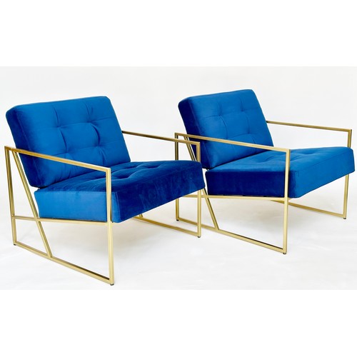 526 - ARMCHAIRS, a pair, contemporary gilt metal framed with royal blue velvet upholstery, 70cm W. (2)