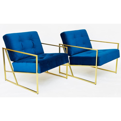 526 - ARMCHAIRS, a pair, contemporary gilt metal framed with royal blue velvet upholstery, 70cm W. (2)