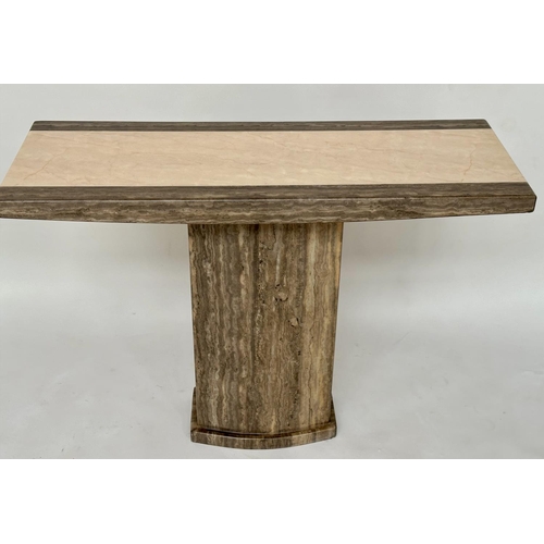 199 - CONSOLE TABLE, Italian travertine and Irish marble rectangular with two colour inset top and plinth,... 