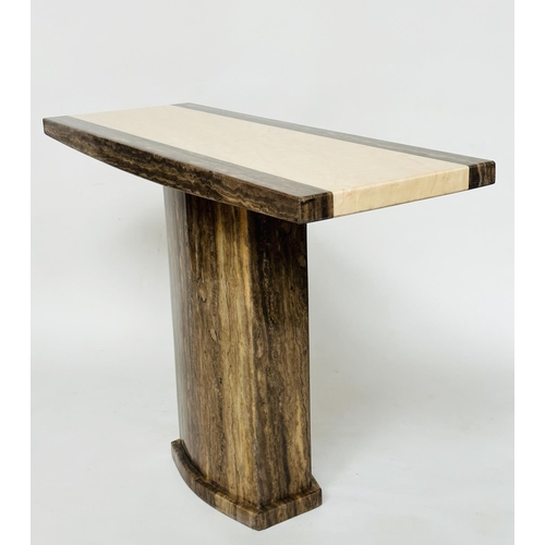 199 - CONSOLE TABLE, Italian travertine and Irish marble rectangular with two colour inset top and plinth,... 