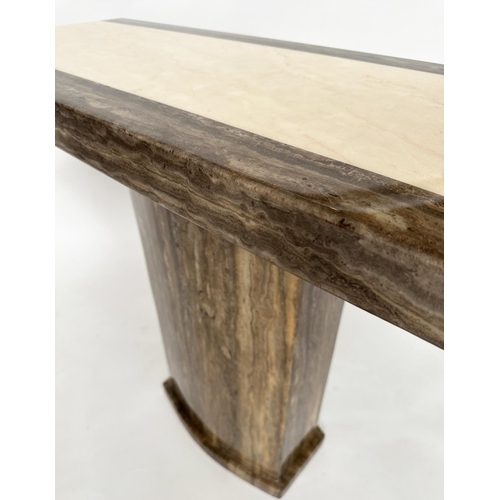 199 - CONSOLE TABLE, Italian travertine and Irish marble rectangular with two colour inset top and plinth,... 