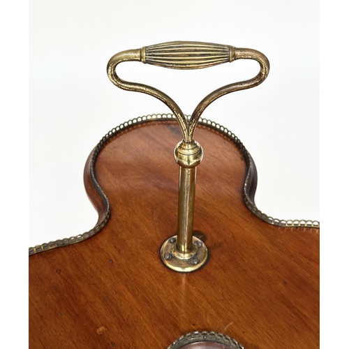 203 - TEA STAND, Victorian mahogany and gilt metal with trefoil galleried rising shelf, handle and triform... 