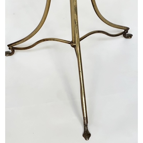 203 - TEA STAND, Victorian mahogany and gilt metal with trefoil galleried rising shelf, handle and triform... 