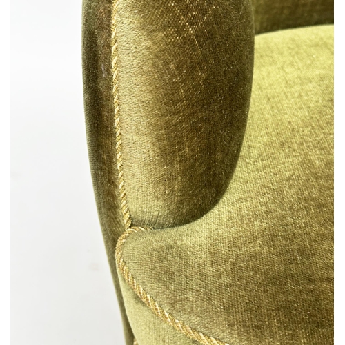 204 - SWEDISH SOFA, 1950s moss green velvet velour with shaped front and cord piping, 179cm W.