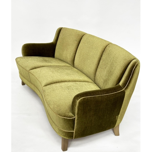 204 - SWEDISH SOFA, 1950s moss green velvet velour with shaped front and cord piping, 179cm W.