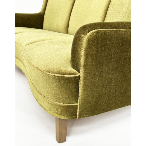 204 - SWEDISH SOFA, 1950s moss green velvet velour with shaped front and cord piping, 179cm W.