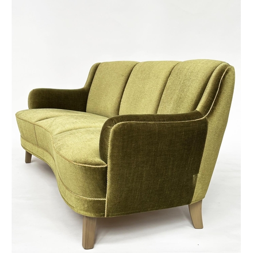 204 - SWEDISH SOFA, 1950s moss green velvet velour with shaped front and cord piping, 179cm W.