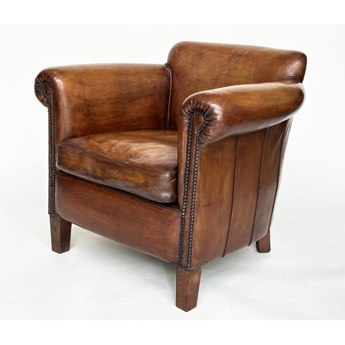 222 - LIBRARY ARMCHAIR, 'Little Professor' style in hand finished soft tan leather with brass studded scro... 