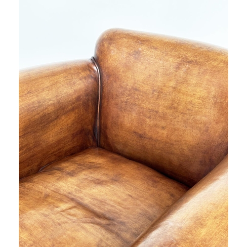 222 - LIBRARY ARMCHAIR, 'Little Professor' style in hand finished soft tan leather with brass studded scro... 