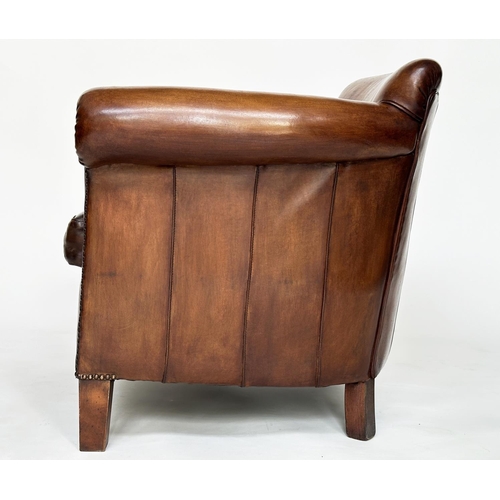 222 - LIBRARY ARMCHAIR, 'Little Professor' style in hand finished soft tan leather with brass studded scro... 