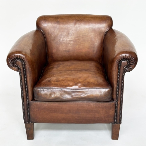 222 - LIBRARY ARMCHAIR, 'Little Professor' style in hand finished soft tan leather with brass studded scro... 