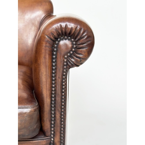 222 - LIBRARY ARMCHAIR, 'Little Professor' style in hand finished soft tan leather with brass studded scro... 