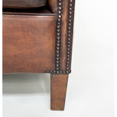 222 - LIBRARY ARMCHAIR, 'Little Professor' style in hand finished soft tan leather with brass studded scro... 