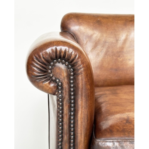 222 - LIBRARY ARMCHAIR, 'Little Professor' style in hand finished soft tan leather with brass studded scro... 