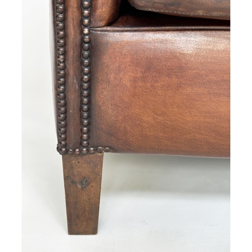 222 - LIBRARY ARMCHAIR, 'Little Professor' style in hand finished soft tan leather with brass studded scro... 