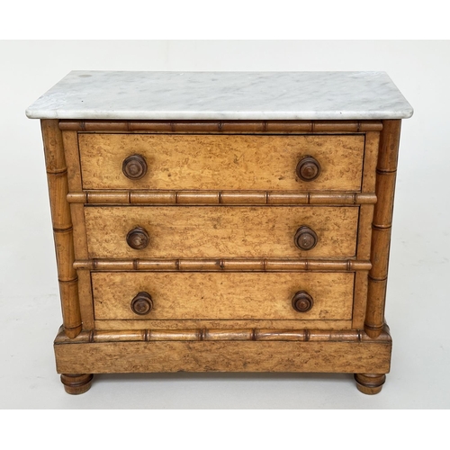 305 - APPRENTICE COMMODE, 19th century Louis Philippe faux bamboo and birds eye maple with white marble to... 