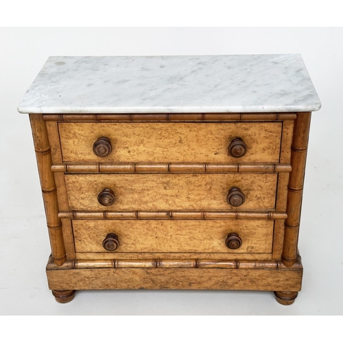 305 - APPRENTICE COMMODE, 19th century Louis Philippe faux bamboo and birds eye maple with white marble to... 