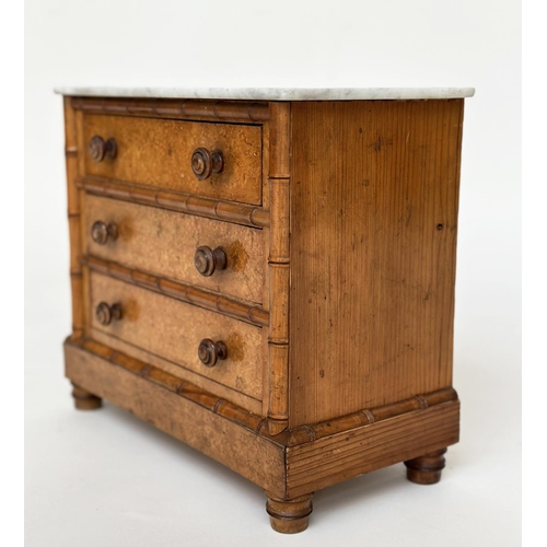 305 - APPRENTICE COMMODE, 19th century Louis Philippe faux bamboo and birds eye maple with white marble to... 