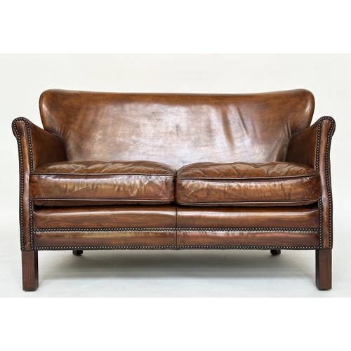 311 - SOFA BY HALO, Danish style in studded hand finished soft tan brown leather with rounded back and squ... 