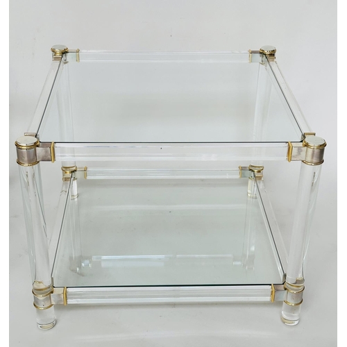 389 - LUCITE LOW TABLES, a pair, square each with lucite supports and two glazed shelves. (2)