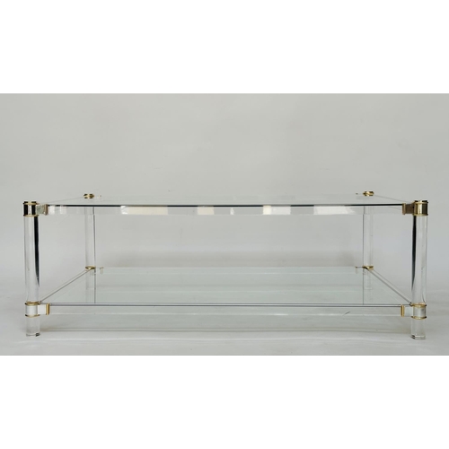 391 - LUCITE LOW TABLE, rectangular with lucite supports and glazed top and undertier, 117cm W x 76cm D x ... 