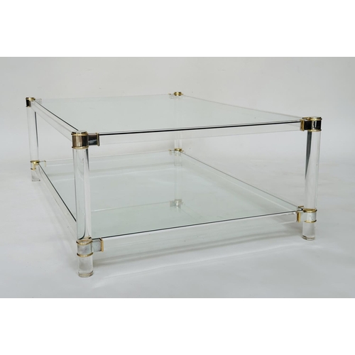 391 - LUCITE LOW TABLE, rectangular with lucite supports and glazed top and undertier, 117cm W x 76cm D x ... 