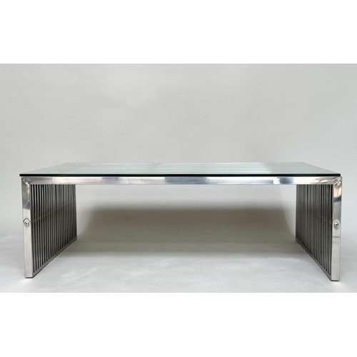 394 - LOW TABLE, Napoli style Italian Rectangular slatted chrome with plate glass, 120cm W x 70cm D x 40cm... 