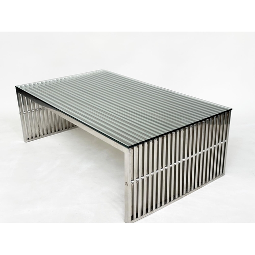 394 - LOW TABLE, Napoli style Italian Rectangular slatted chrome with plate glass, 120cm W x 70cm D x 40cm... 