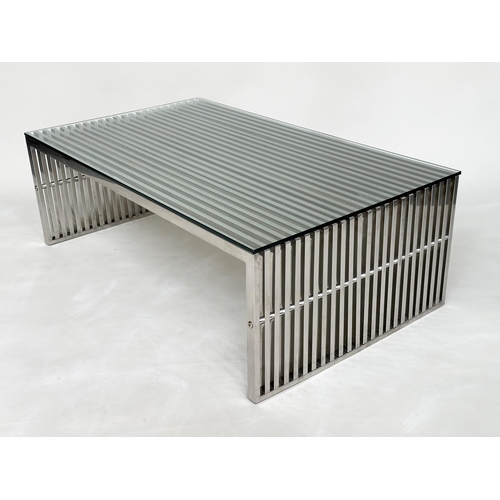 394 - LOW TABLE, Napoli style Italian Rectangular slatted chrome with plate glass, 120cm W x 70cm D x 40cm... 