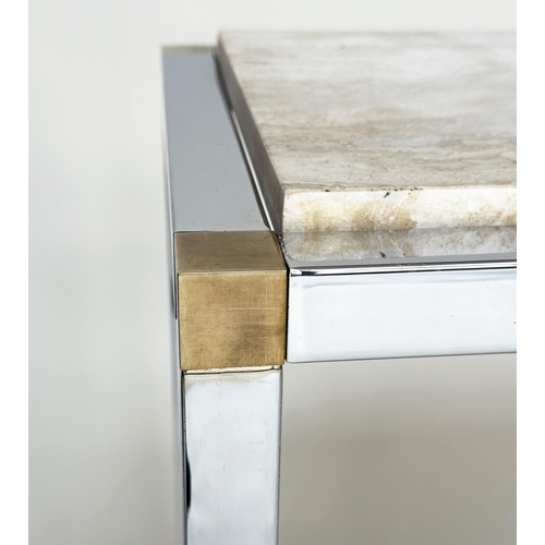 398 - TRAVERTINE CONSOLE TABLE, Italian 1970s rectangular travertine marble on chrome and gilt metal corne... 