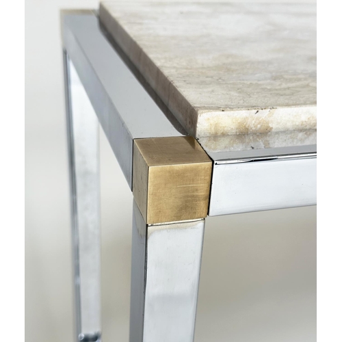 398 - TRAVERTINE CONSOLE TABLE, Italian 1970s rectangular travertine marble on chrome and gilt metal corne... 