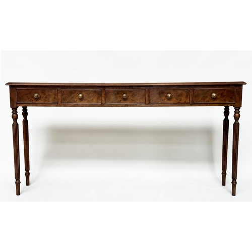 183 - HALL TABLE, George III design bur walnut and crossbanded with five frieze drawers and reeded taperin... 