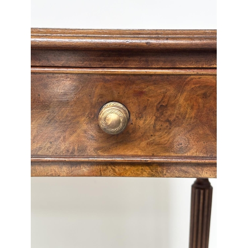 183 - HALL TABLE, George III design bur walnut and crossbanded with five frieze drawers and reeded taperin... 