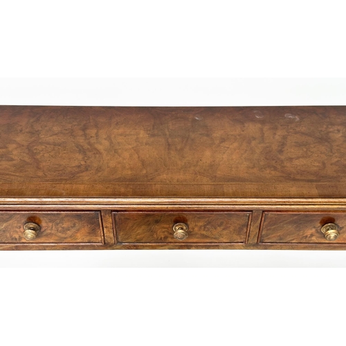 183 - HALL TABLE, George III design bur walnut and crossbanded with five frieze drawers and reeded taperin... 