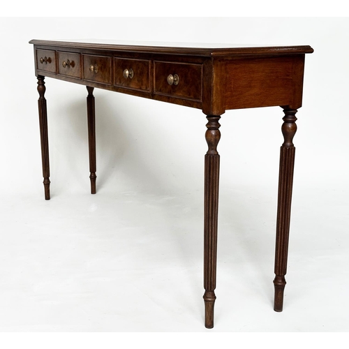 183 - HALL TABLE, George III design bur walnut and crossbanded with five frieze drawers and reeded taperin... 