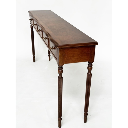 183 - HALL TABLE, George III design bur walnut and crossbanded with five frieze drawers and reeded taperin... 